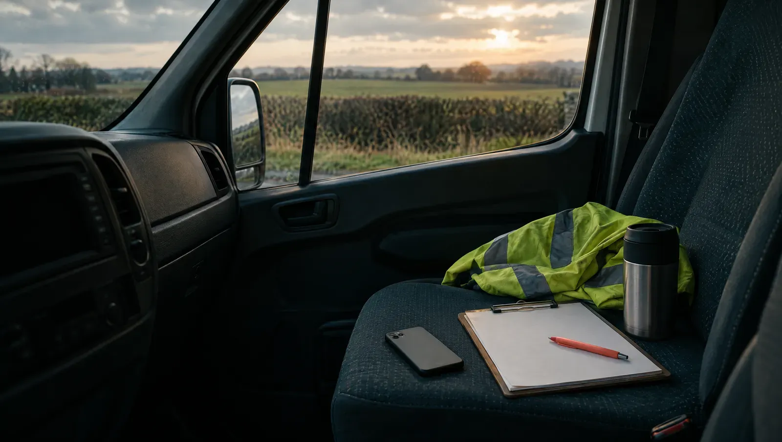 Inside a parked van in a country lay-by at sunset: a phone lying face down on the passenger seat beside a clipboard, a red pen, a flask and a folded hi-vis jacket.